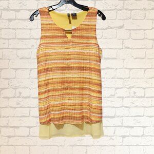 New Directions Top Women Size M Yellow Brown Corta Geometric Sheer Lining Shirt…